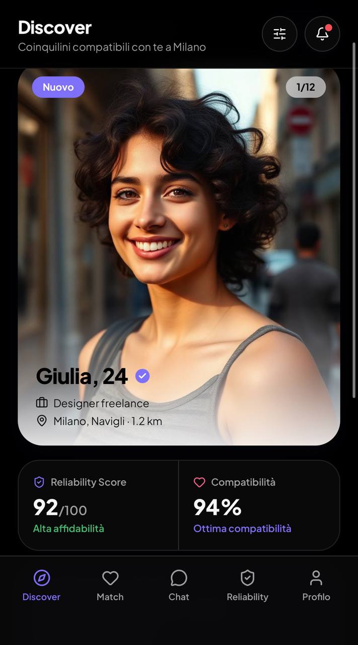 Schermata Discover di Coabiti con il profilo di Giulia