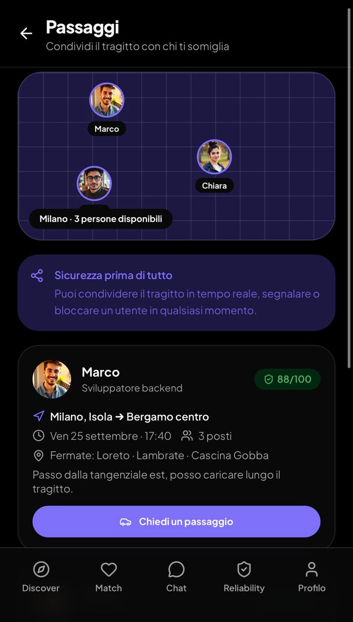 Schermata Passaggi di Coabiti con persone disponibili e tragitto da Milano a Bergamo